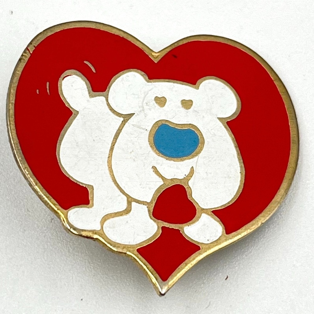 Vintage 1979 Ziggy‎ Heart Enamel Pin Retro Gold Tone Red White Bear Brooch Y2K